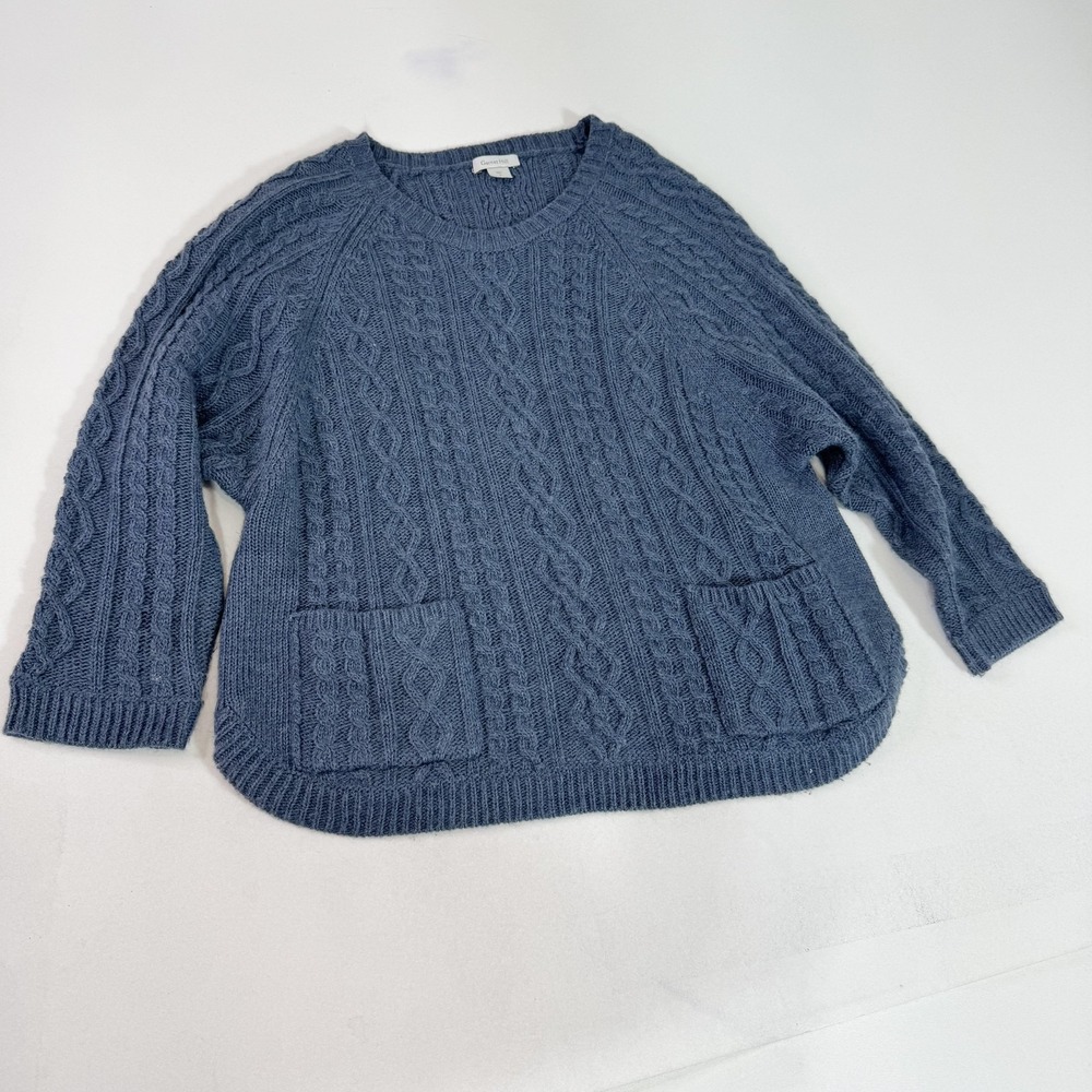 Garnet‎ Hill Sweater Womens Small Blue Cable Knit Wool Acrylic Pockets Crewneck